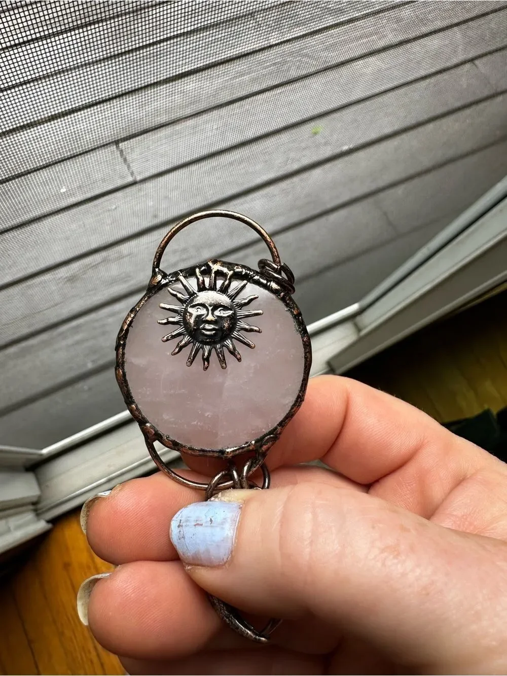 Rose Quartz Sun & Moon Pendant Necklace with Copper Accents